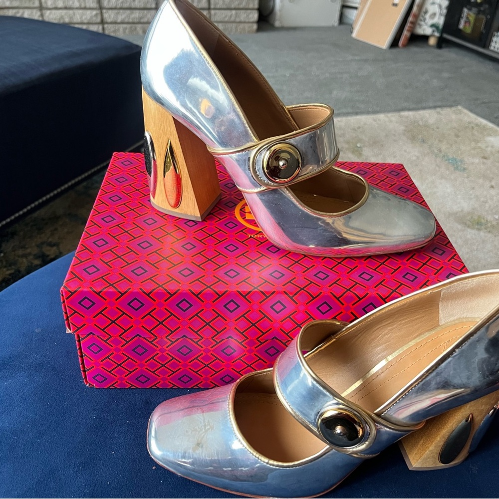 Tory Burch Metallic Silver Heels with Gold Block
